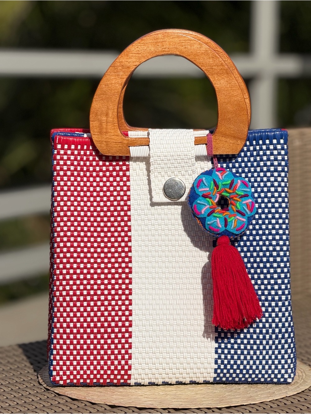 Wood-Handle Tricolor Woven Tote with Red Tassel Charm